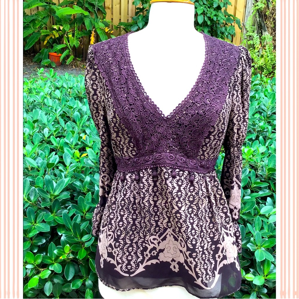 Nanette Lepore Purple and Cream Lace V-Neck Tunic Top